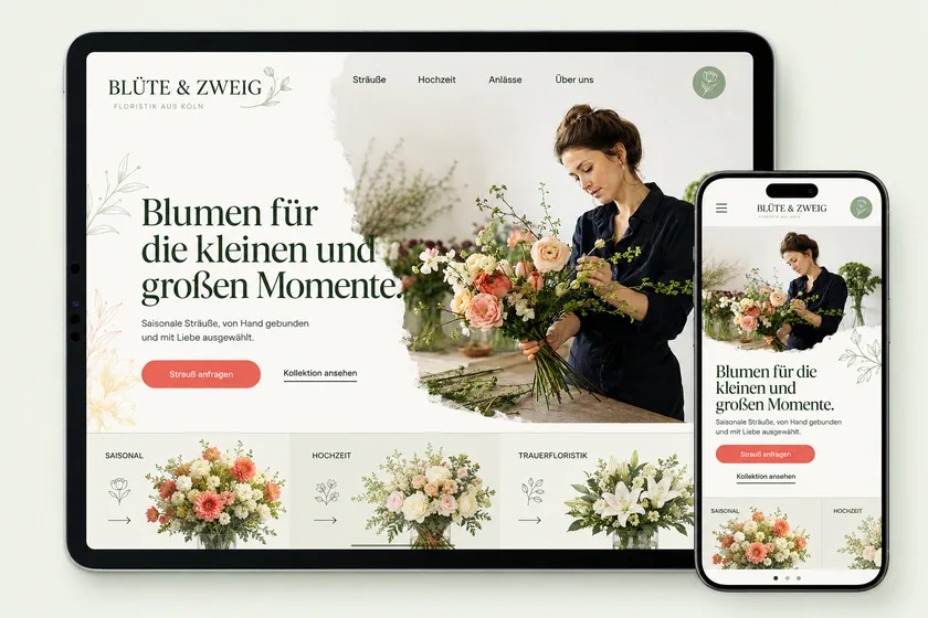 Konzeptstudie Blüte & Zweig: dieselbe Startseite auf iPad und iPhone