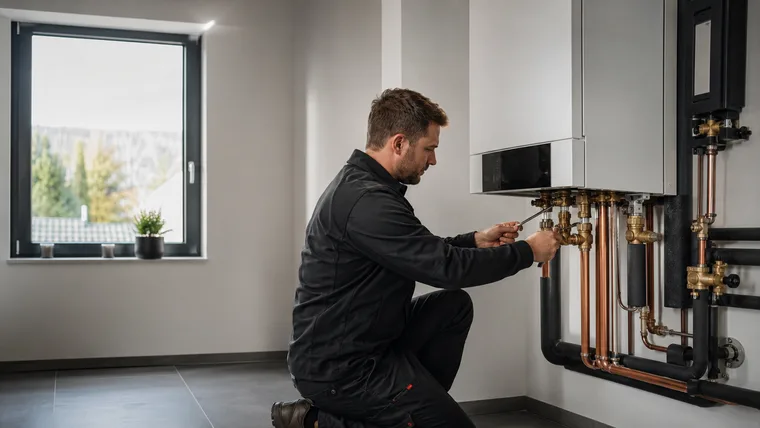 Installateur montiert eine moderne Heizungsanlage (Konzeptstudie Brandt Haustechnik)